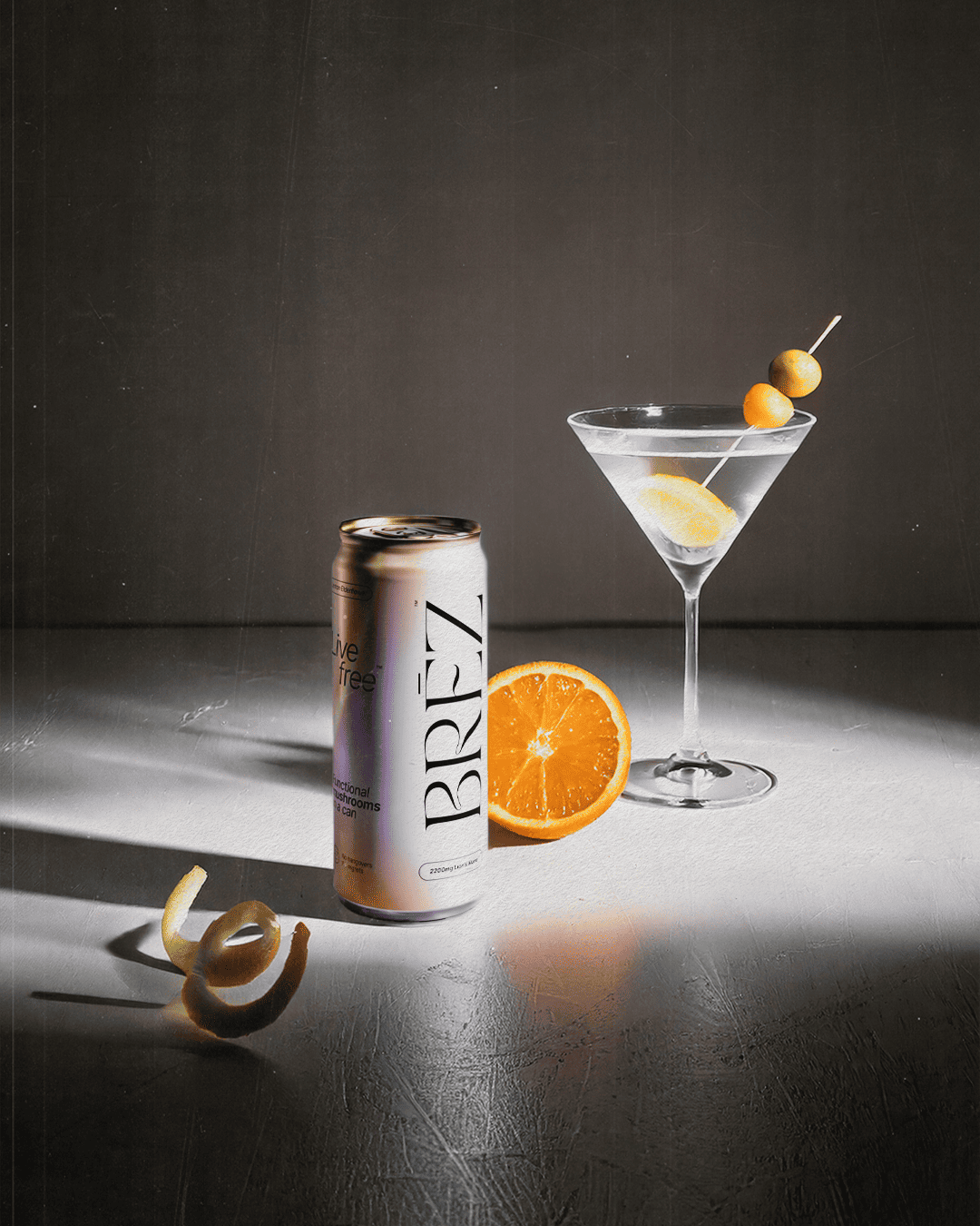A can of Brez with a martini glass